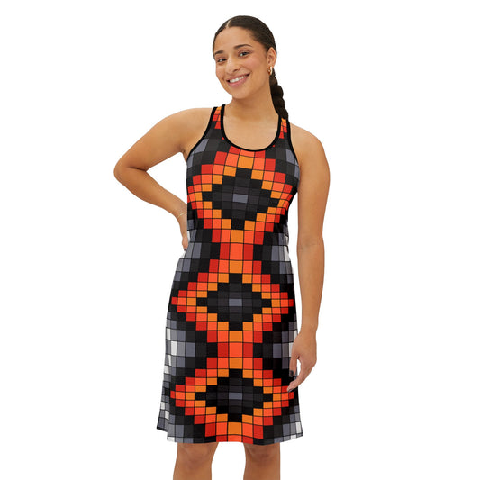 Geometric Print - Women's Racerback Dress - Black & Fire Colors