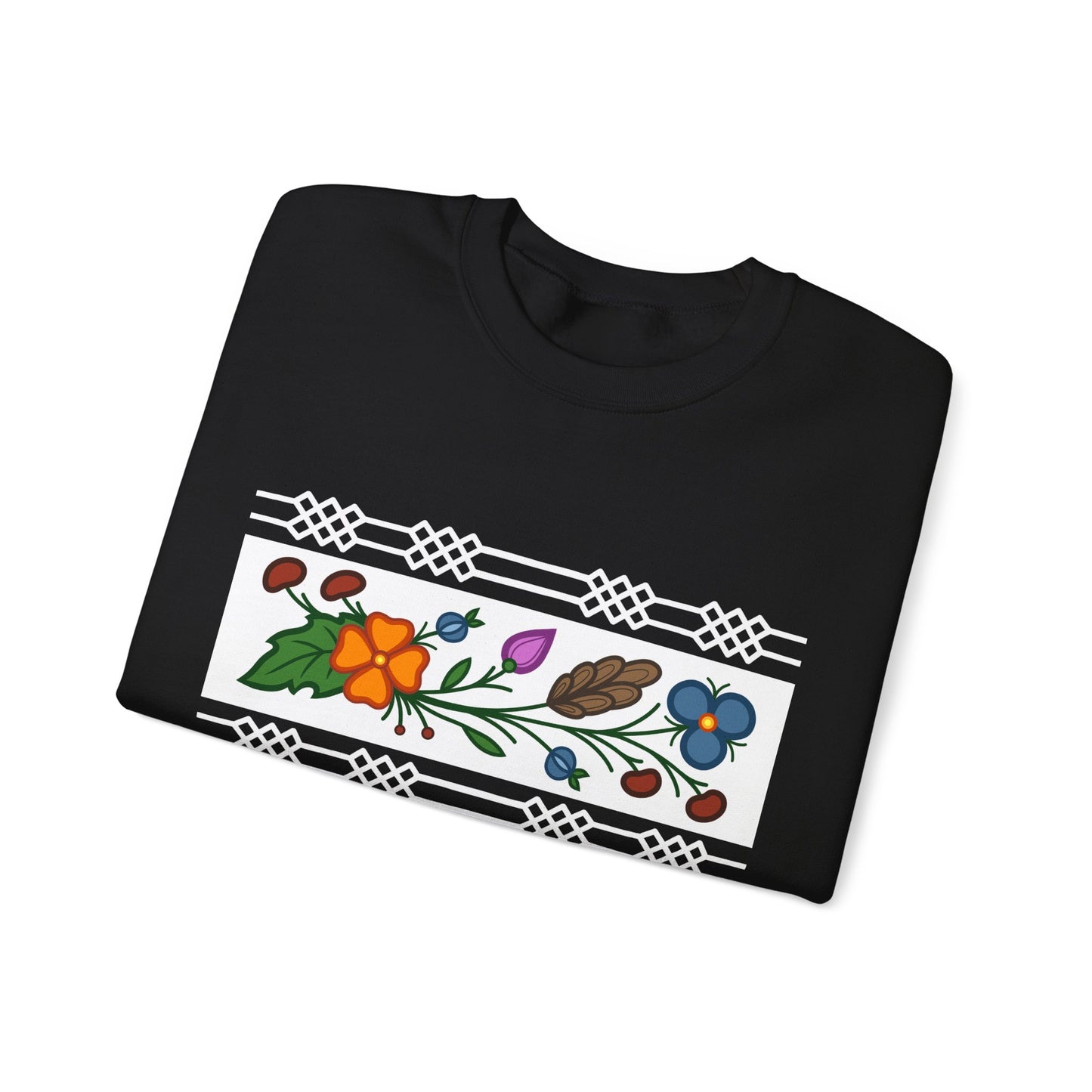 Ojibwe Floral Panel & Otter Track Border Design - Unisex Gildan Heavy Blend™ Crewneck Sweatshirt