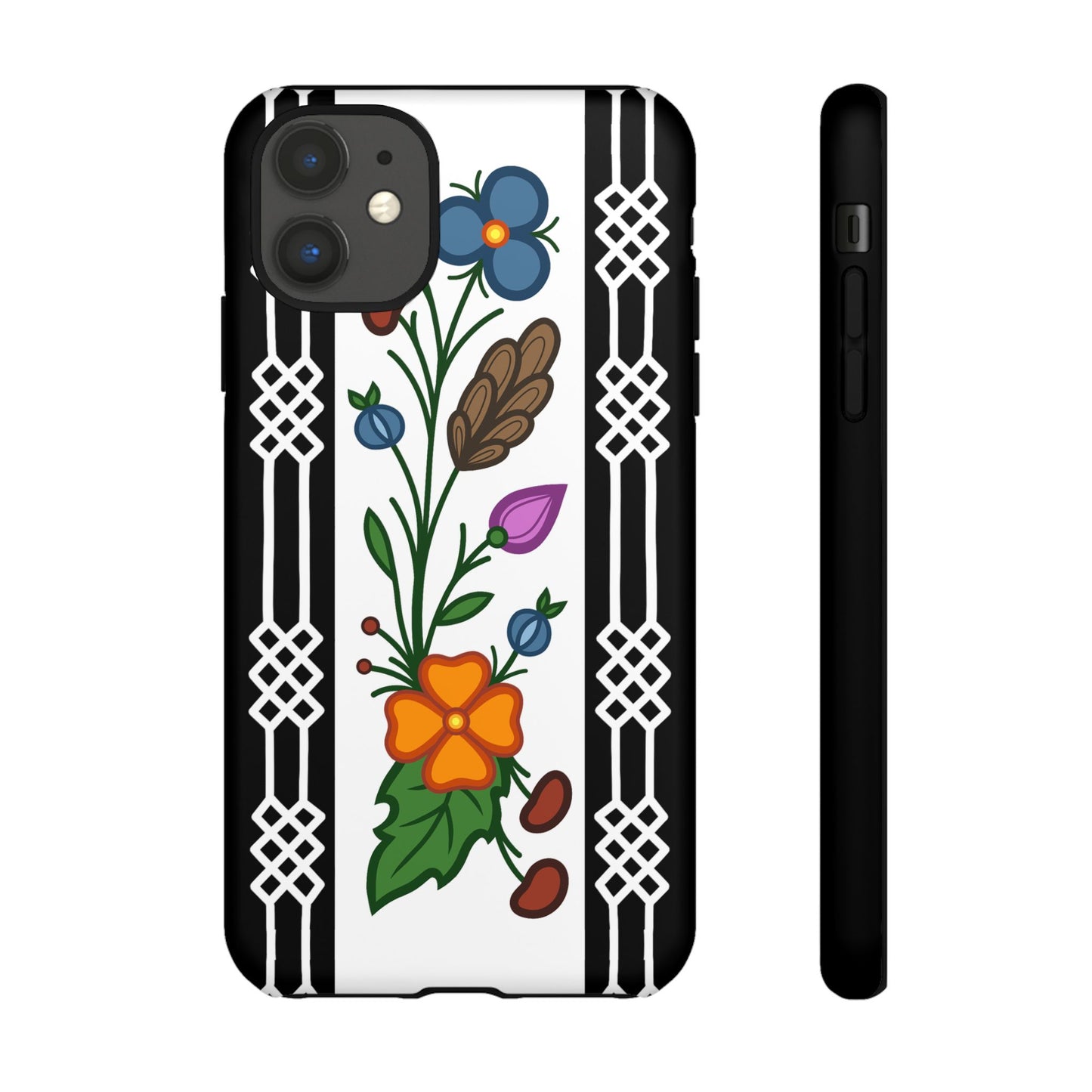 Ojibwe Floral Panel & Otter Track Geometric Border - Tough Phone Cases - Black