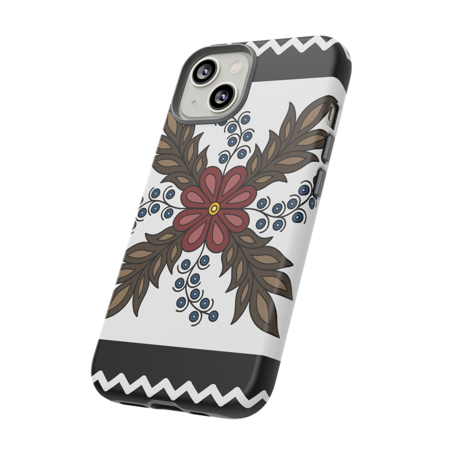 Traditional Style Ojibwe Floral Design With Zig-Zag Geometric Border Design - Tough Phone Cases - Black