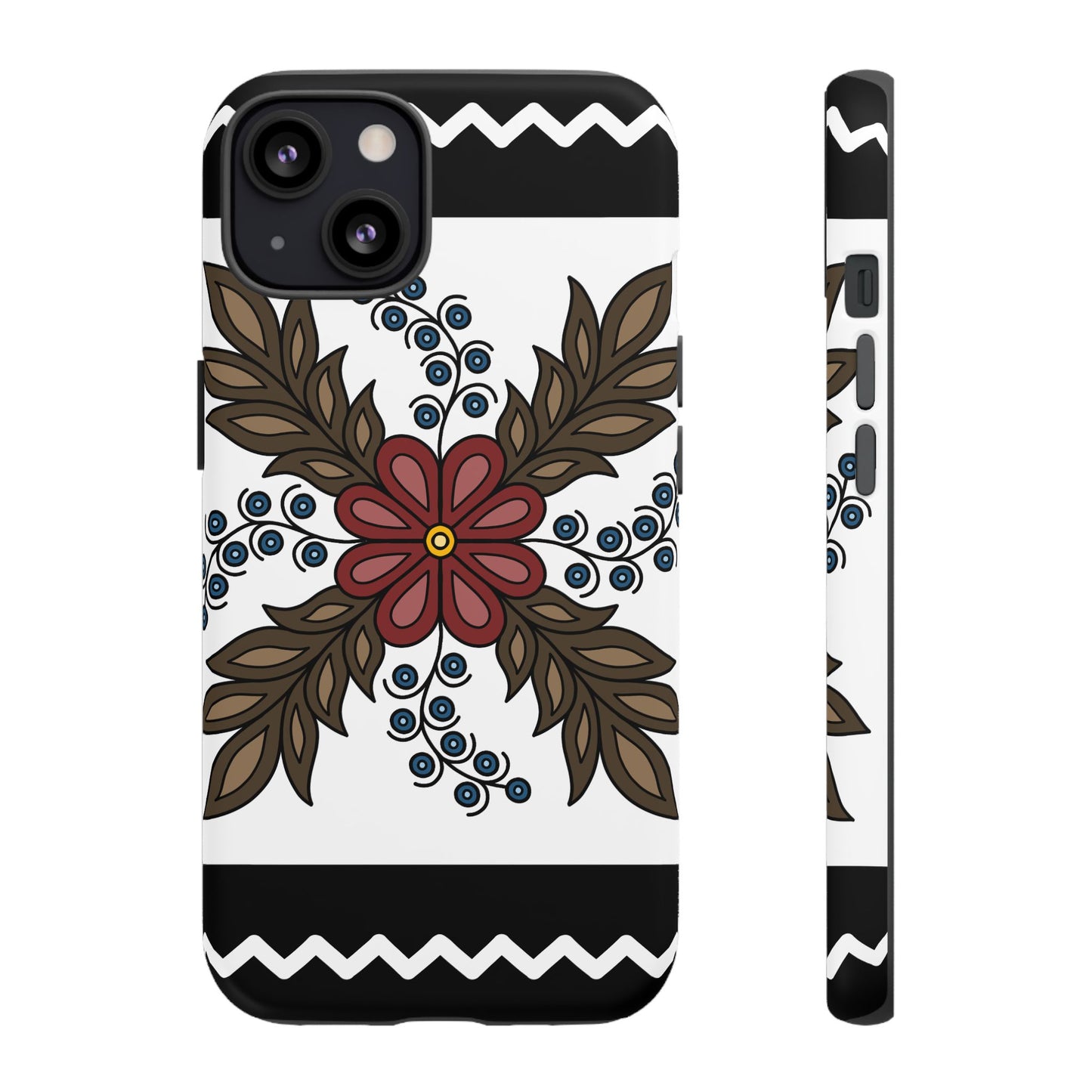 Traditional Style Ojibwe Floral Design With Zig-Zag Geometric Border Design - Tough Phone Cases - Black