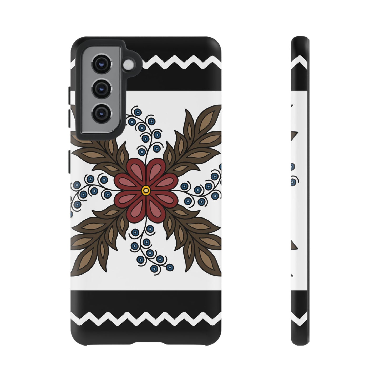 Traditional Style Ojibwe Floral Design With Zig-Zag Geometric Border Design - Tough Phone Cases - Black