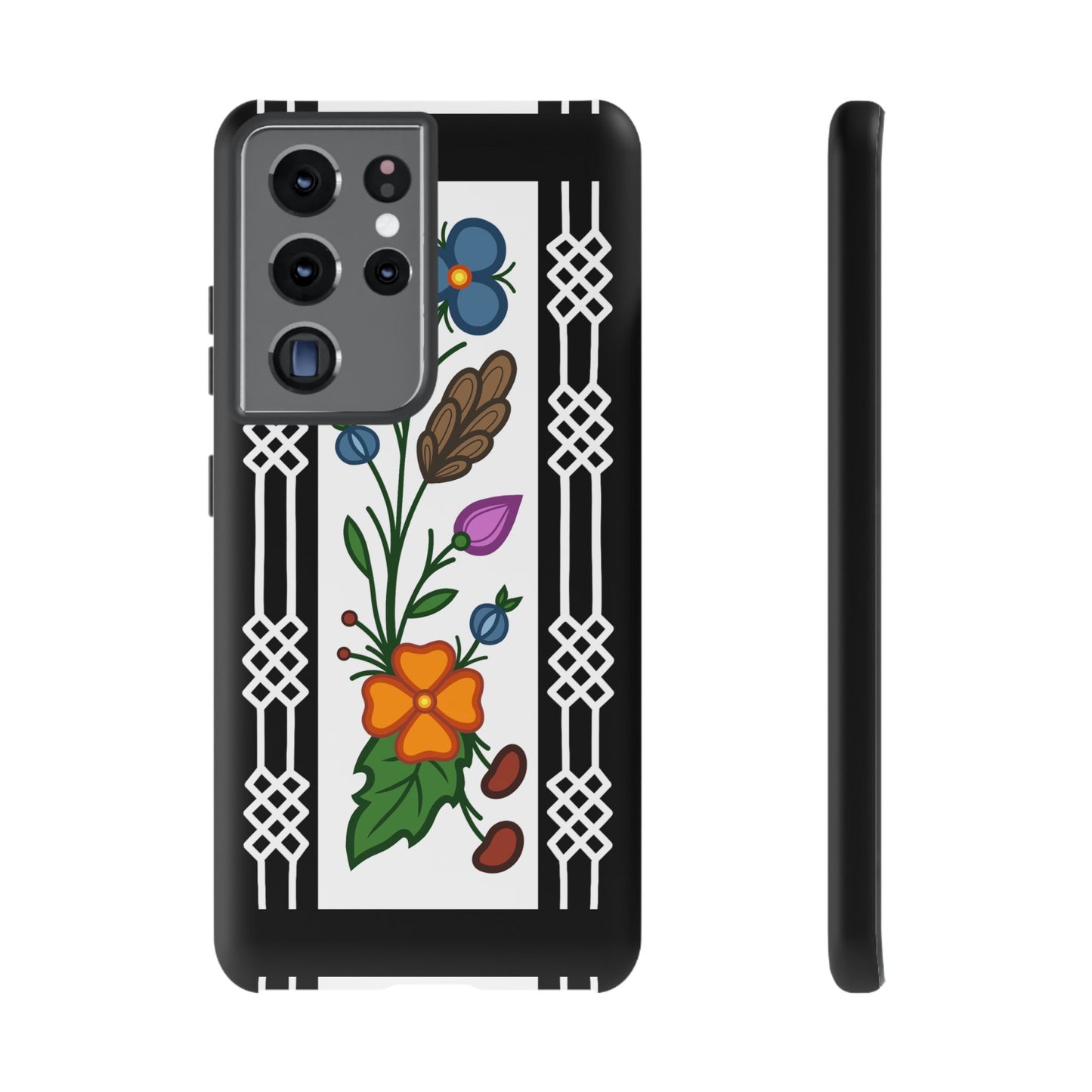 Ojibwe Floral Panel & Otter Track Geometric Border - Tough Phone Cases - Black