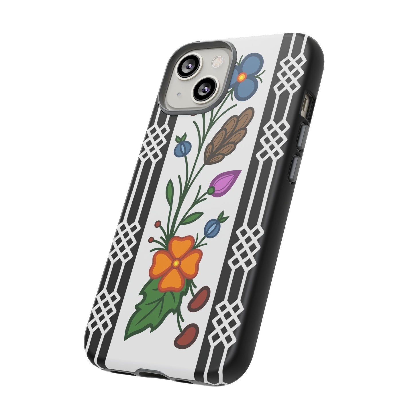 Ojibwe Floral Panel & Otter Track Geometric Border - Tough Phone Cases - Black