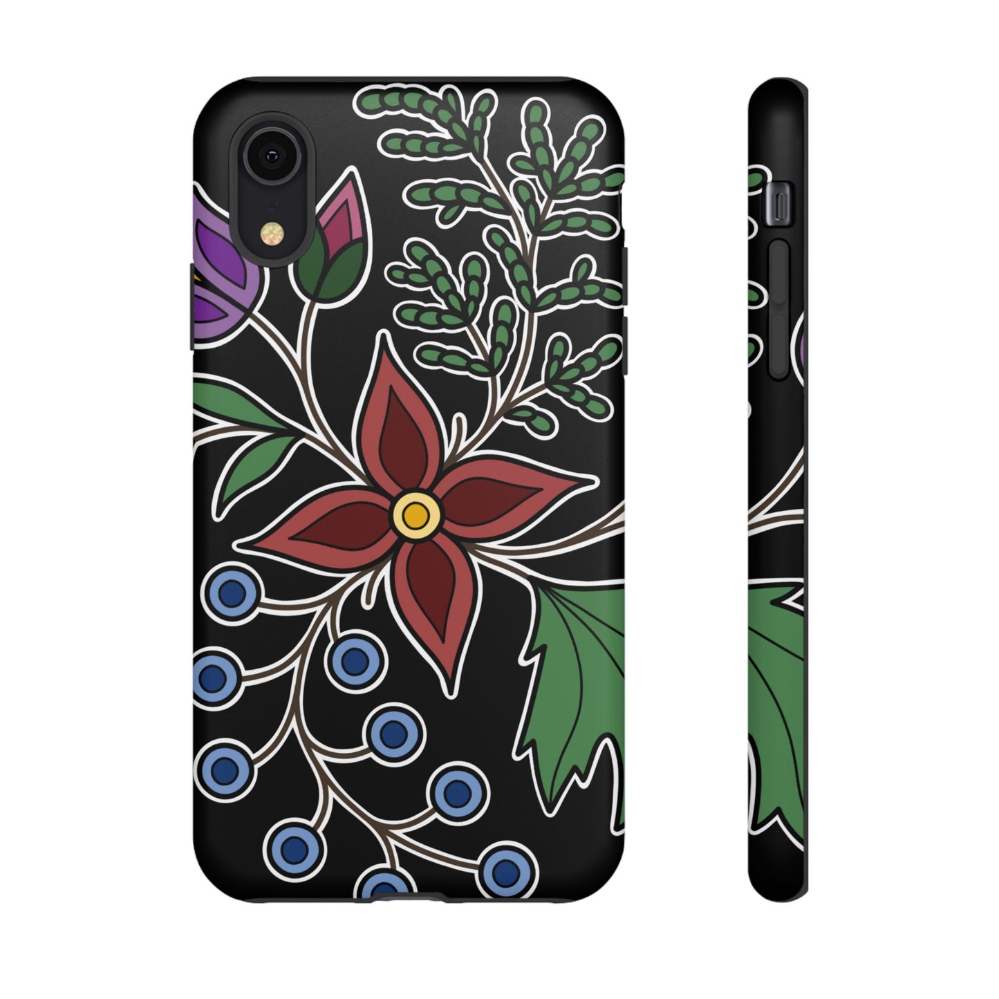 Giizhik (Cedar) & Miinan (Blueberries) Ojibwe Floral Tough Phone Cases - Black