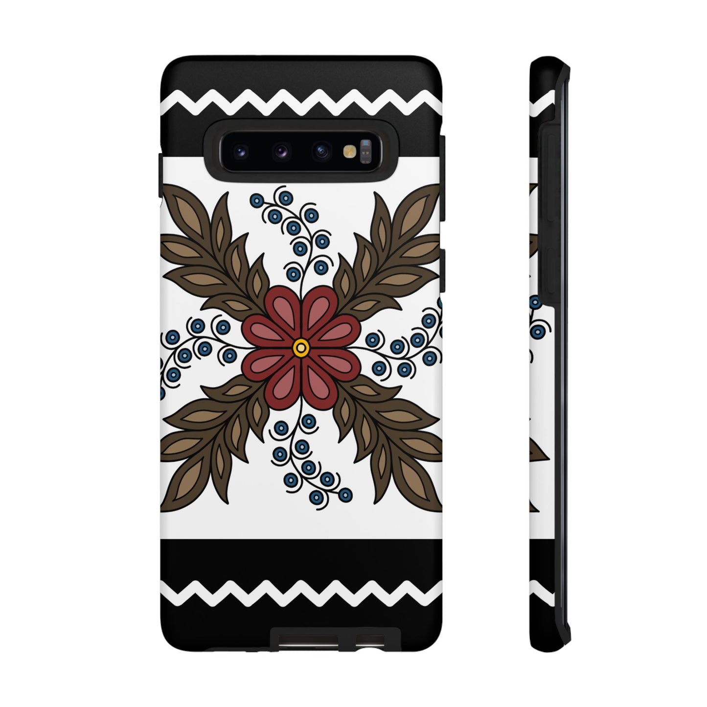 Traditional Style Ojibwe Floral Design With Zig-Zag Geometric Border Design - Tough Phone Cases - Black