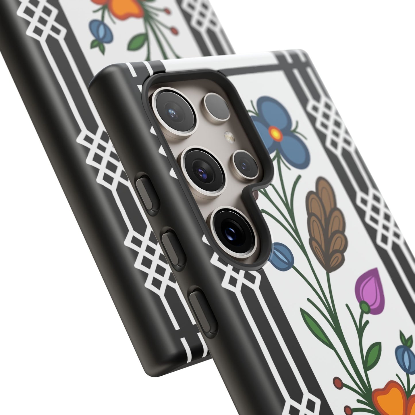 Ojibwe Floral Panel & Otter Track Geometric Border - Tough Phone Cases - Black