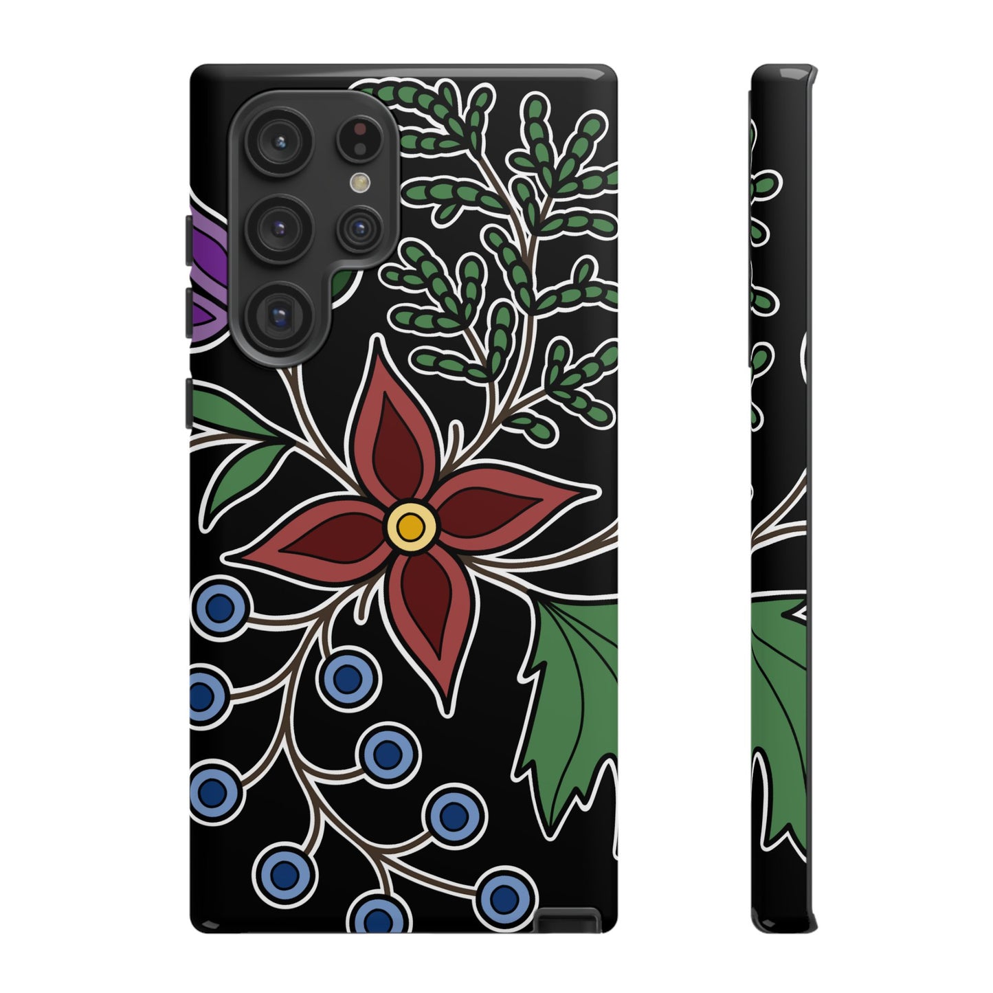 Giizhik (Cedar) & Miinan (Blueberries) Ojibwe Floral Tough Phone Cases - Black