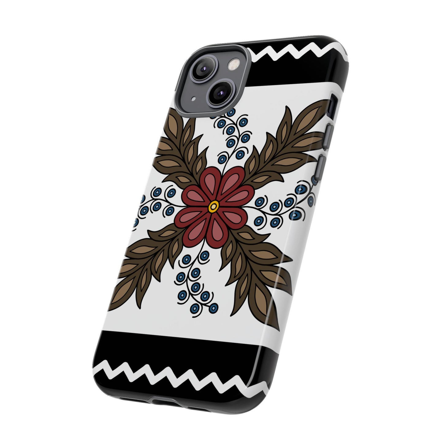 Traditional Style Ojibwe Floral Design With Zig-Zag Geometric Border Design - Tough Phone Cases - Black