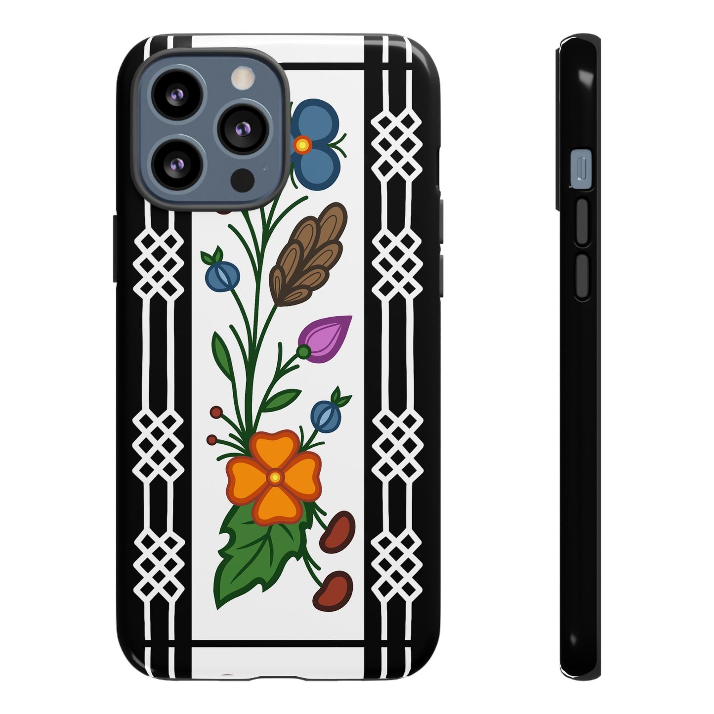 Ojibwe Floral Panel & Otter Track Geometric Border - Tough Phone Cases - Black