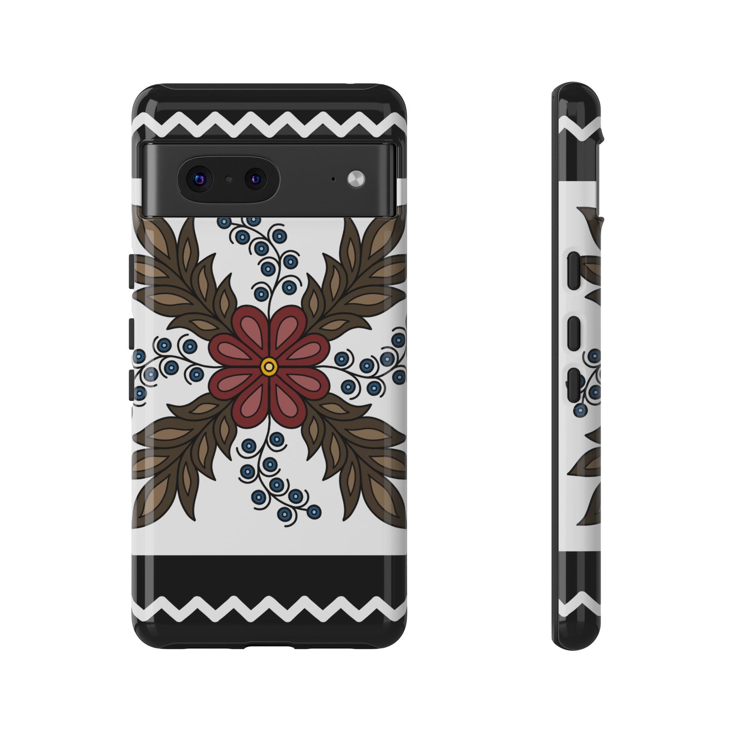 Traditional Style Ojibwe Floral Design With Zig-Zag Geometric Border Design - Tough Phone Cases - Black