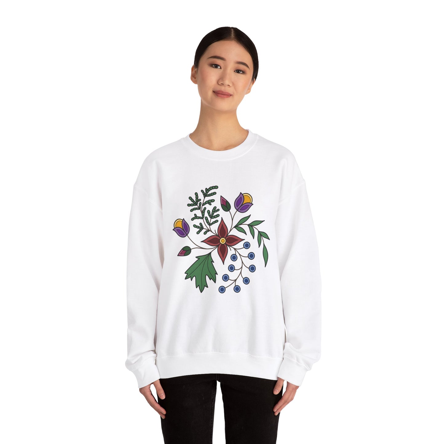 Giizhik / Cedar Ojibwe Floral Design - Unisex Gildan Heavy Blend™ Crewneck Sweatshirt