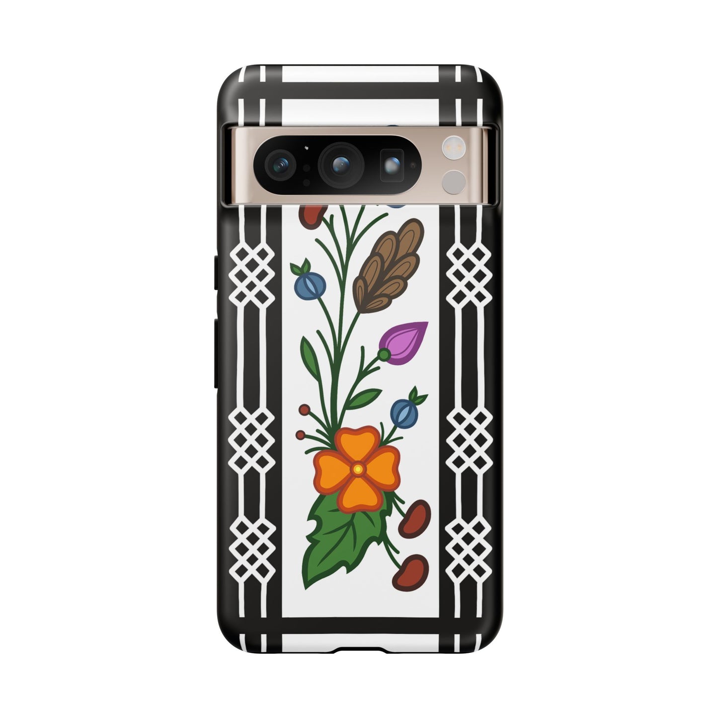 Ojibwe Floral Panel & Otter Track Geometric Border - Tough Phone Cases - Black