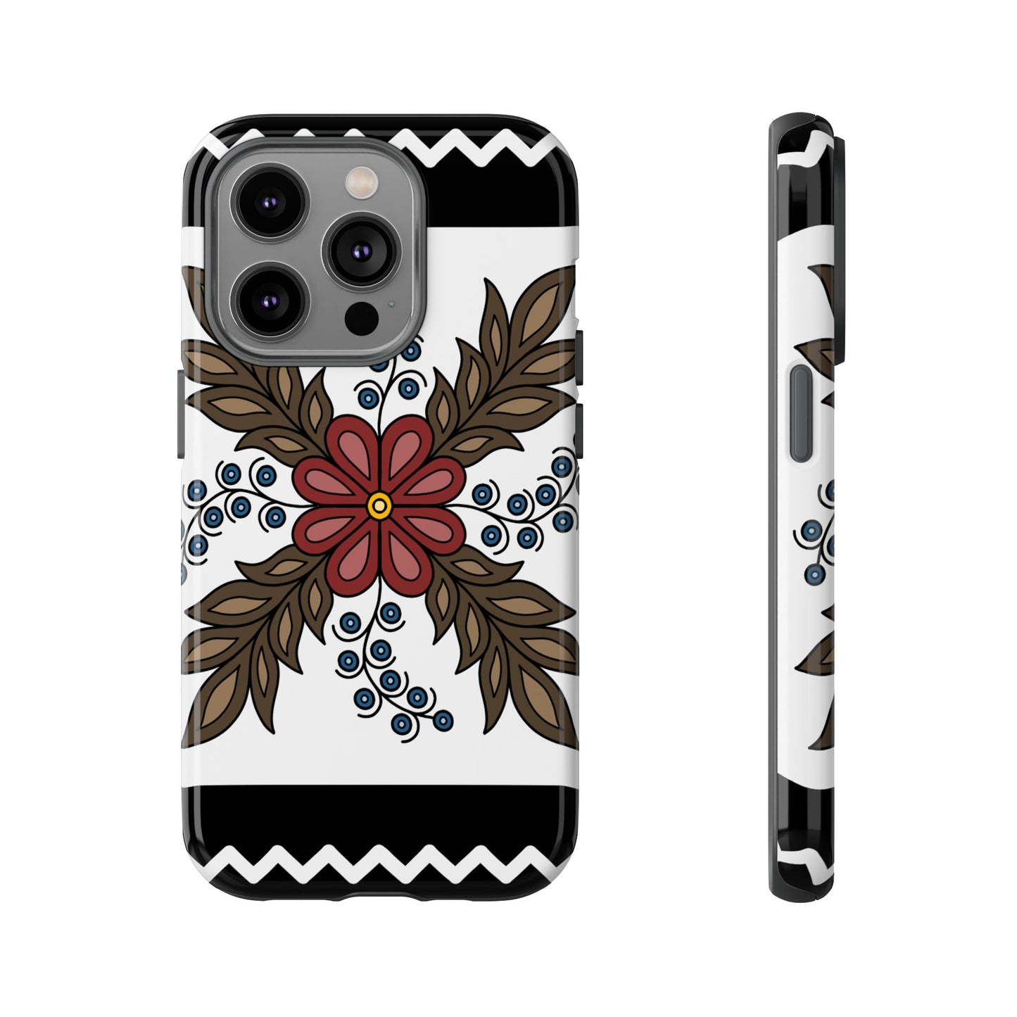 Traditional Style Ojibwe Floral Design With Zig-Zag Geometric Border Design - Tough Phone Cases - Black