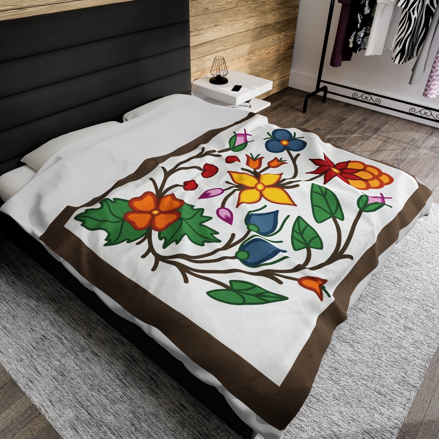 Woodland Florals - Traditonal Ojibwe Floral Design - 60"x80" Velveteen Plush Blanket - White & Brown