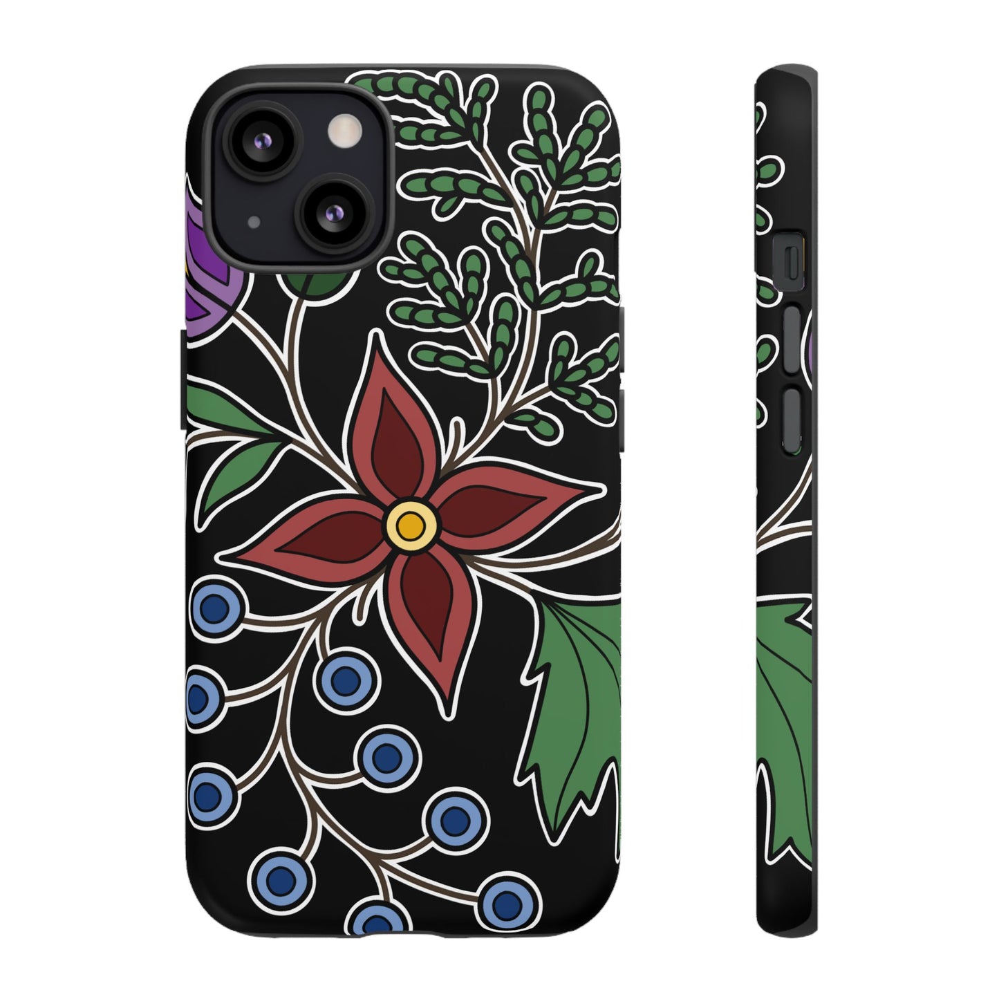 Giizhik (Cedar) & Miinan (Blueberries) Ojibwe Floral Tough Phone Cases - Black