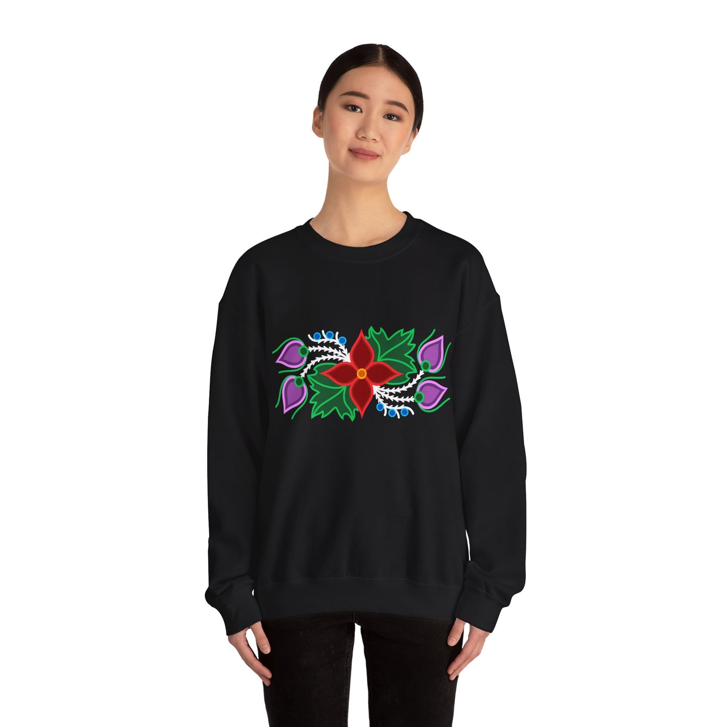 Red Floral & Blue Berries - Ojibwe Floral Design - Unisex Gildan Heavy Blend™ Crewneck Sweatshirt