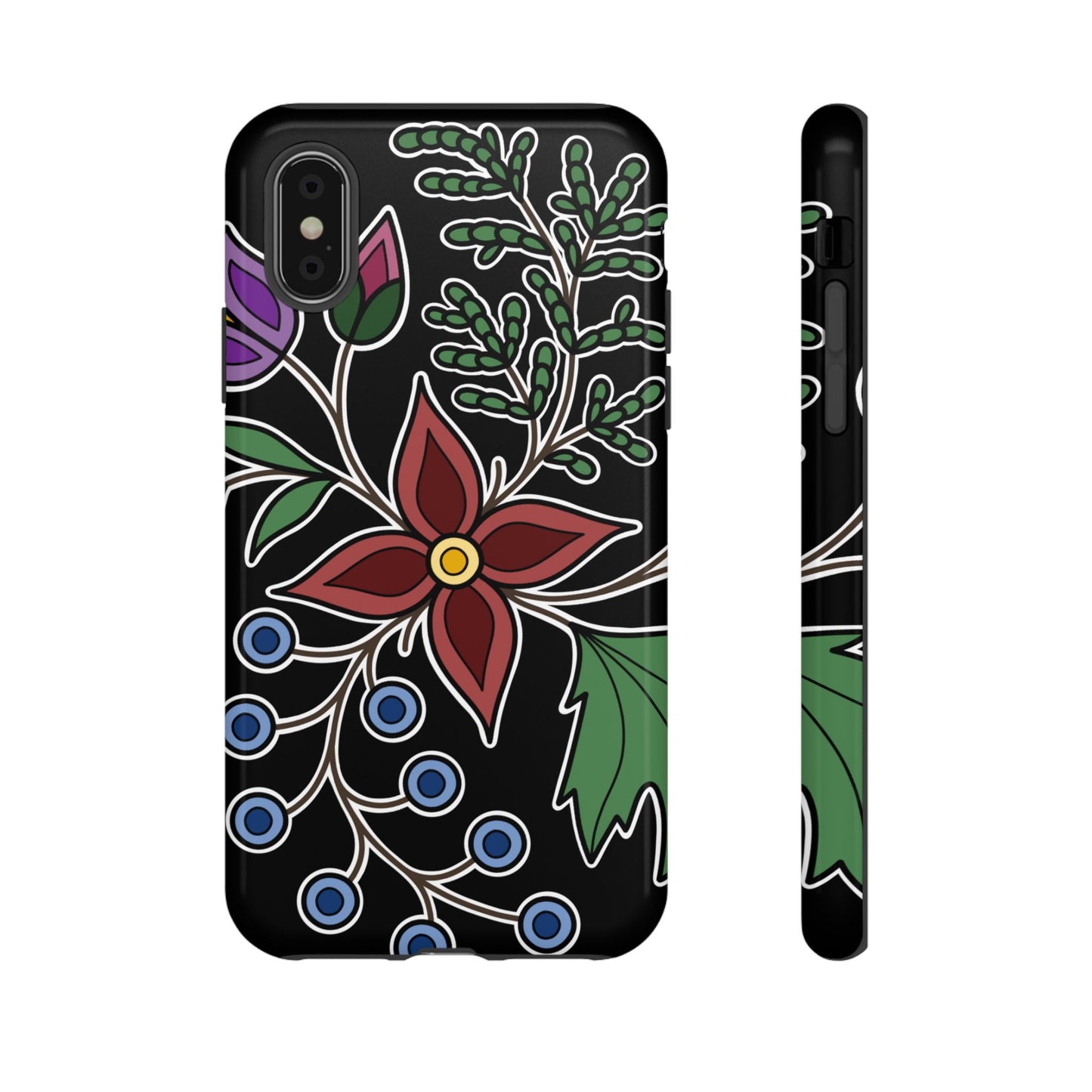 Giizhik (Cedar) & Miinan (Blueberries) Ojibwe Floral Tough Phone Cases - Black