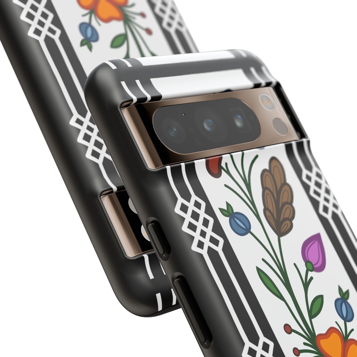 Ojibwe Floral Panel & Otter Track Geometric Border - Tough Phone Cases - Black