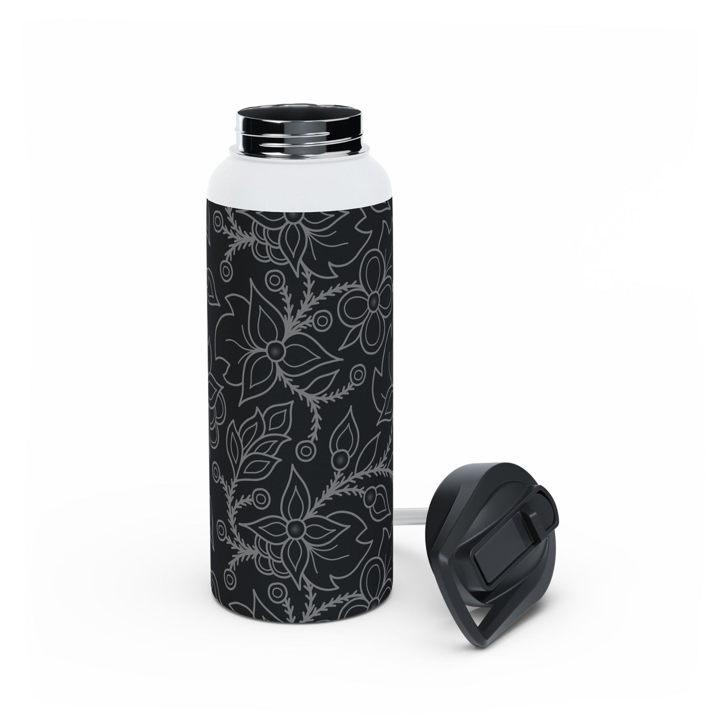 Ojibwe Floral All-Over-Print Design - Stainless Steel Water Bottle, Standard Lid - Black