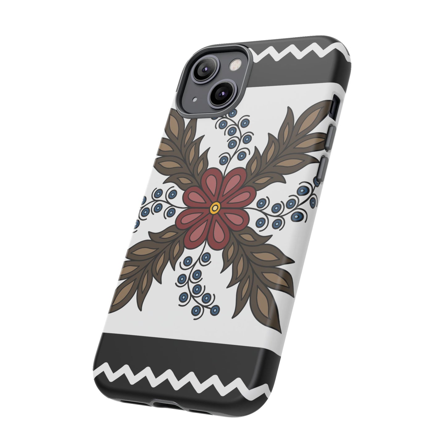 Traditional Style Ojibwe Floral Design With Zig-Zag Geometric Border Design - Tough Phone Cases - Black