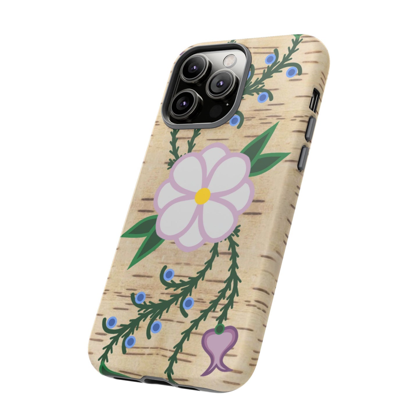 Birchbark Print Ojibwe Floral Tough Phone Cases - Black