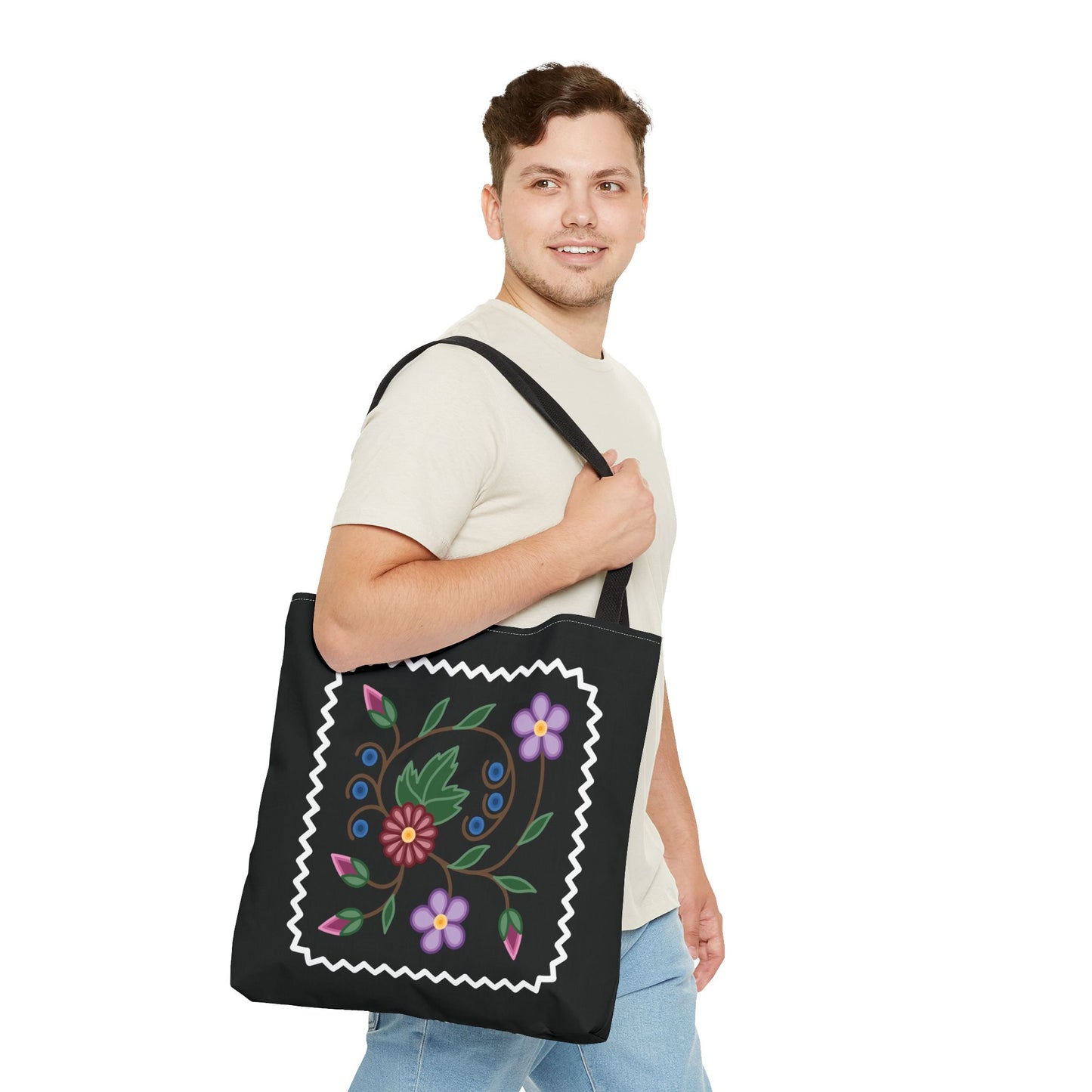 Woodland Style Ojibwe Floral Spiral Design - Tote Bag with Zig Zag Border Detail