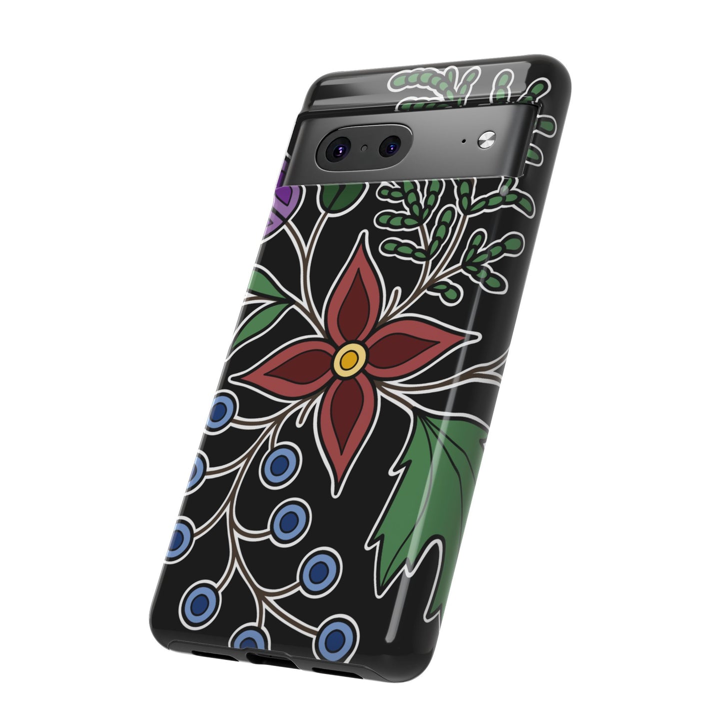 Giizhik (Cedar) & Miinan (Blueberries) Ojibwe Floral Tough Phone Cases - Black