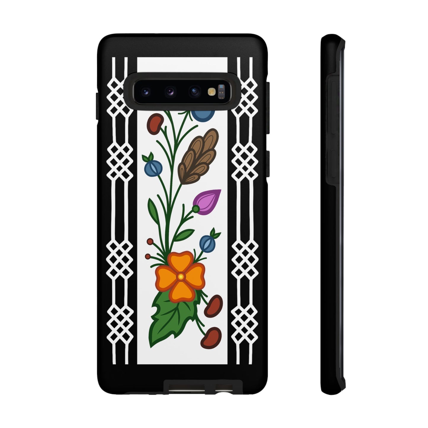 Ojibwe Floral Panel & Otter Track Geometric Border - Tough Phone Cases - Black