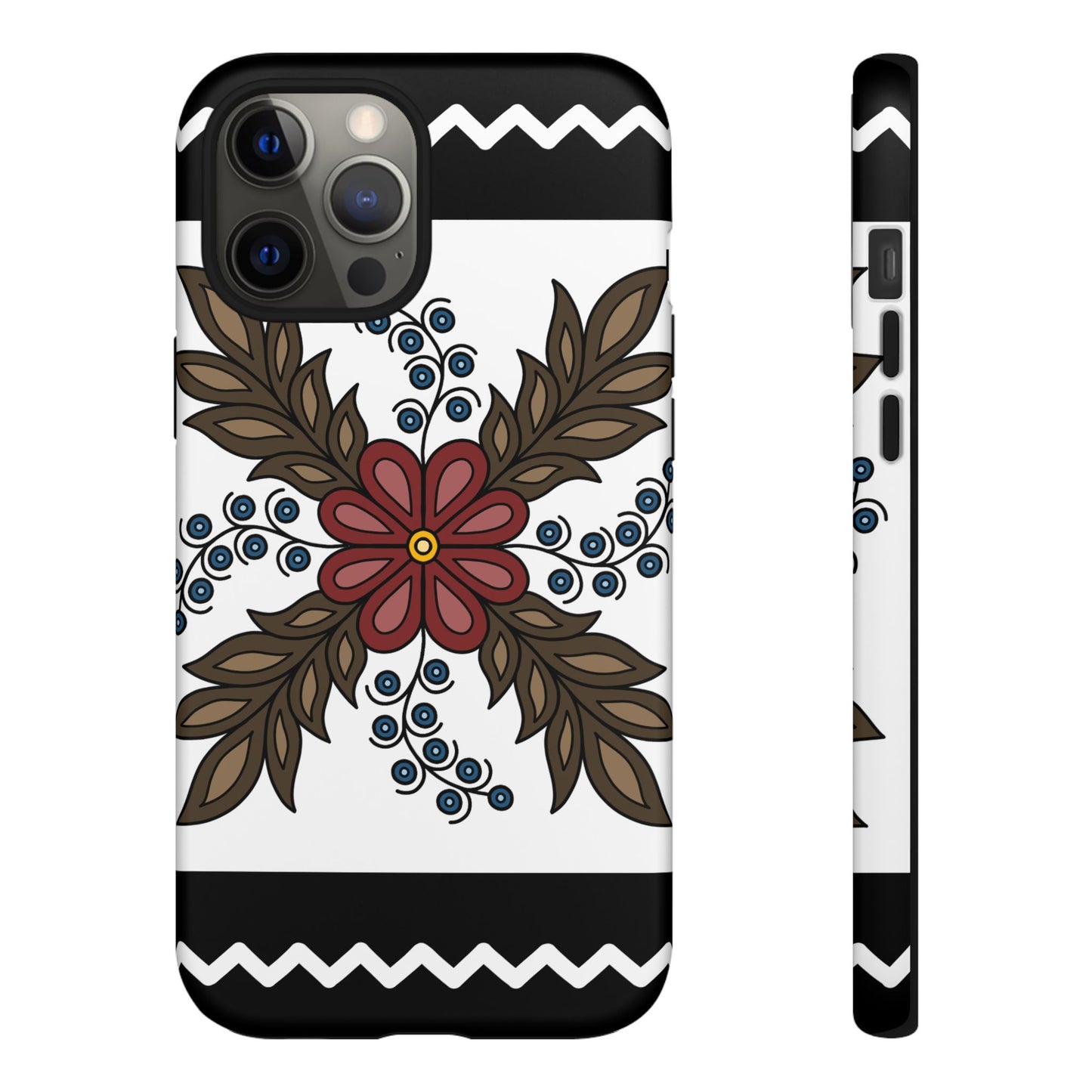 Traditional Style Ojibwe Floral Design With Zig-Zag Geometric Border Design - Tough Phone Cases - Black