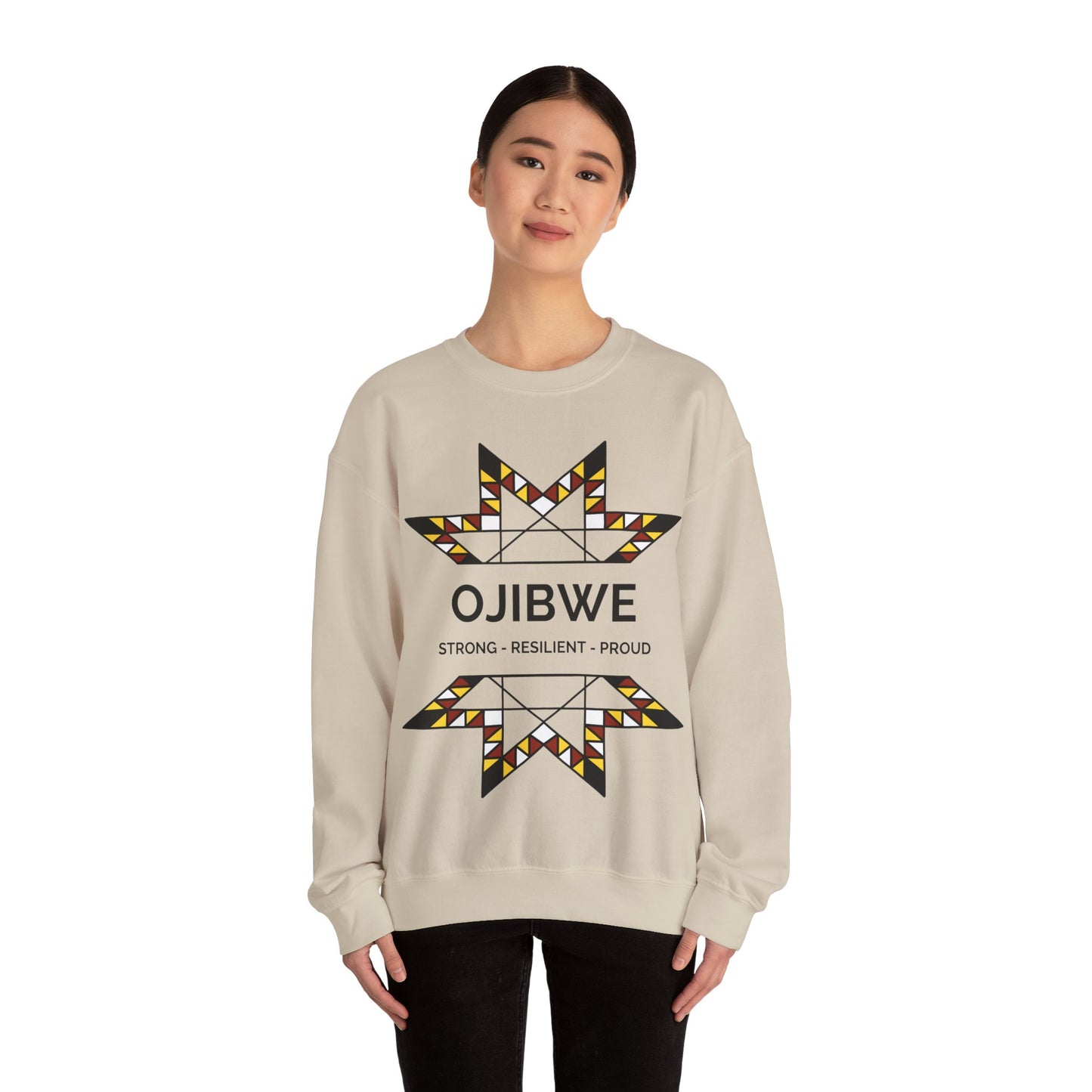 Ojibwe Pride Text & Geometric Star Design - Unisex Gildan Heavy Blend™ Crewneck Sweatshirt