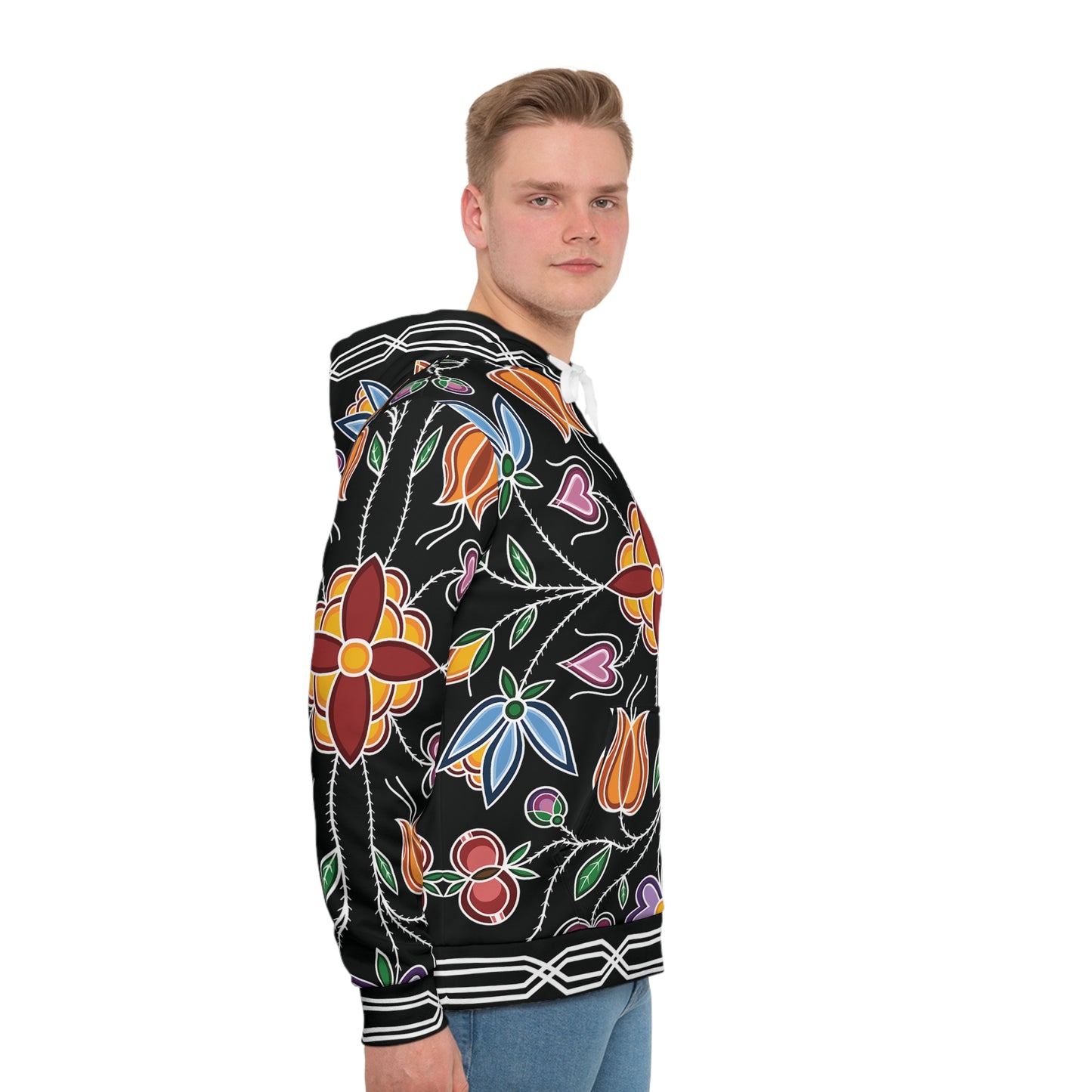 Aazhooningwa’on (bandolier bag) Inspired, Woodland Ojibwe Floral Panel Design with Otter Track Border Design - Unisex Hoodie