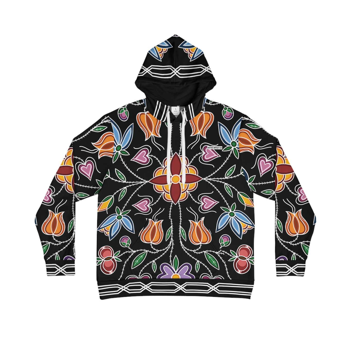 Aazhooningwa’on (bandolier bag) Inspired, Woodland Ojibwe Floral Panel Design with Otter Track Border Design - Unisex Hoodie