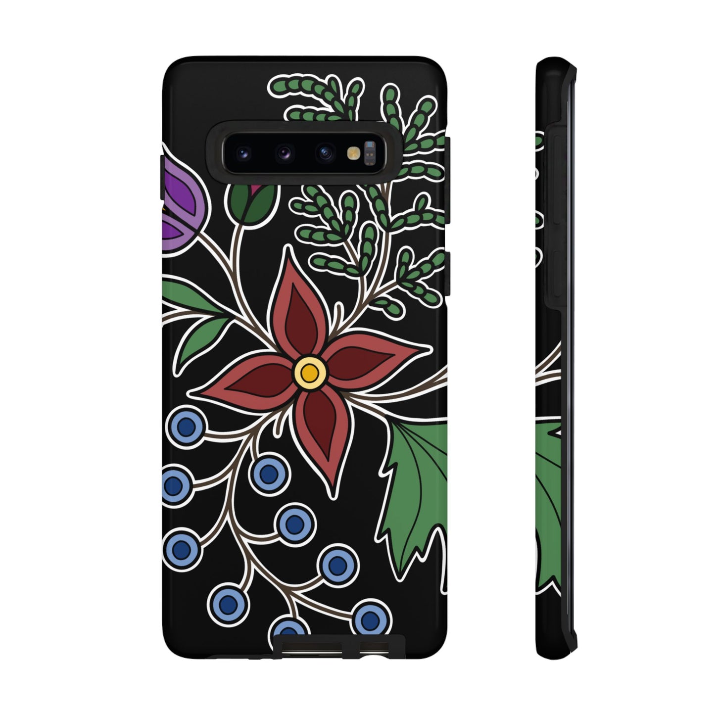 Giizhik (Cedar) & Miinan (Blueberries) Ojibwe Floral Tough Phone Cases - Black