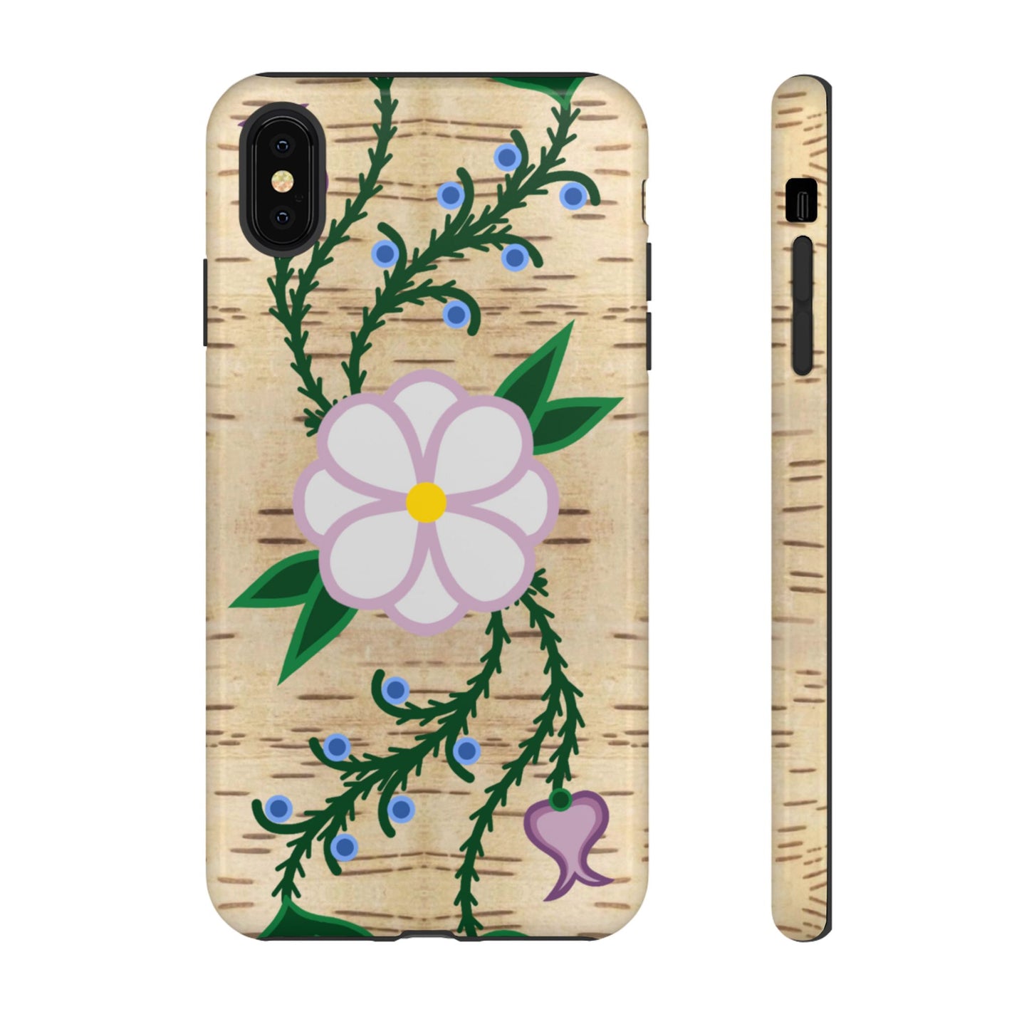 Birchbark Print Ojibwe Floral Tough Phone Cases - Black