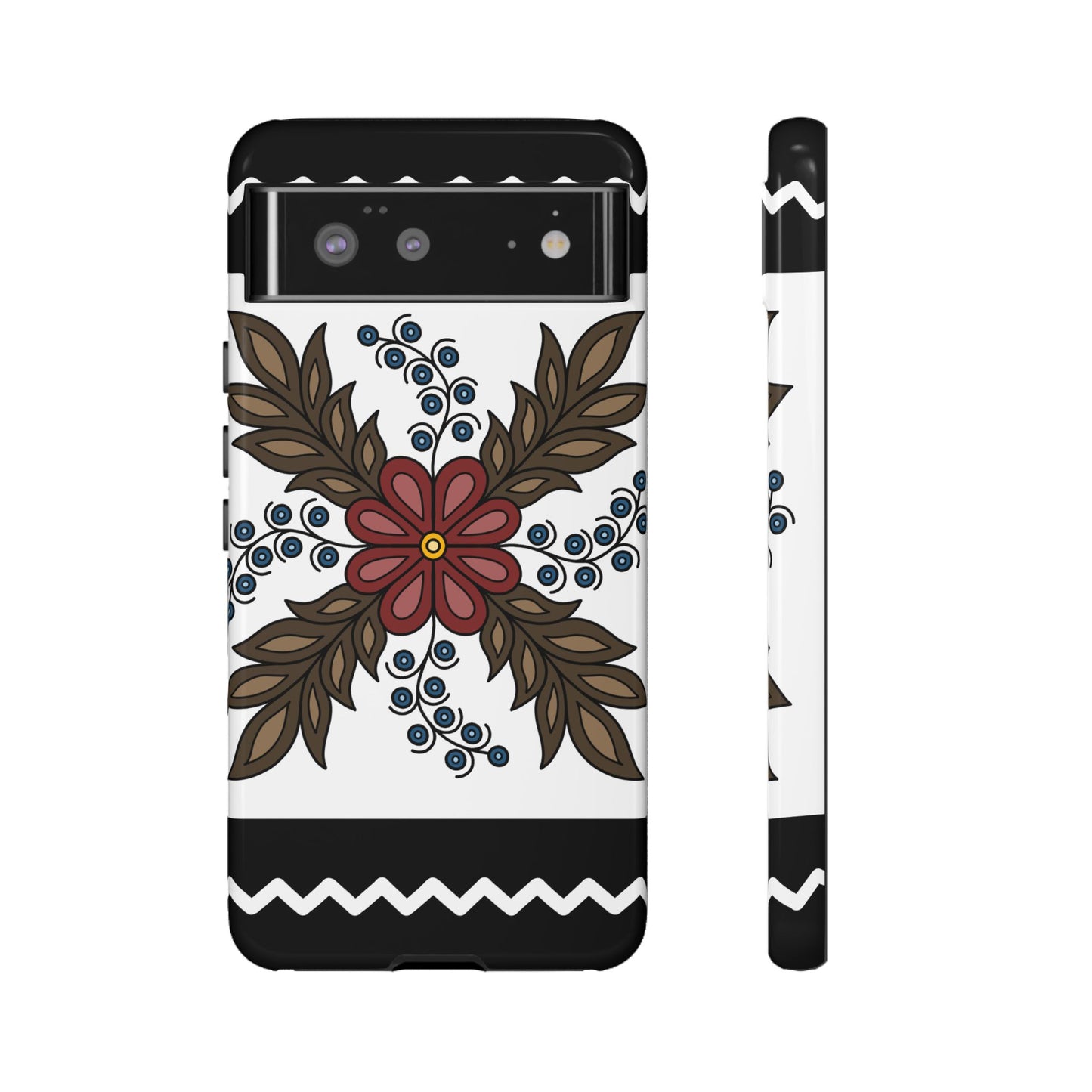 Traditional Style Ojibwe Floral Design With Zig-Zag Geometric Border Design - Tough Phone Cases - Black