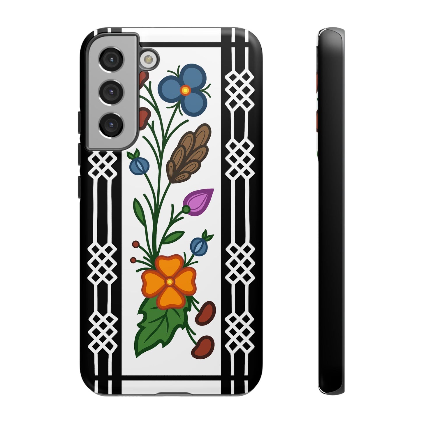 Ojibwe Floral Panel & Otter Track Geometric Border - Tough Phone Cases - Black