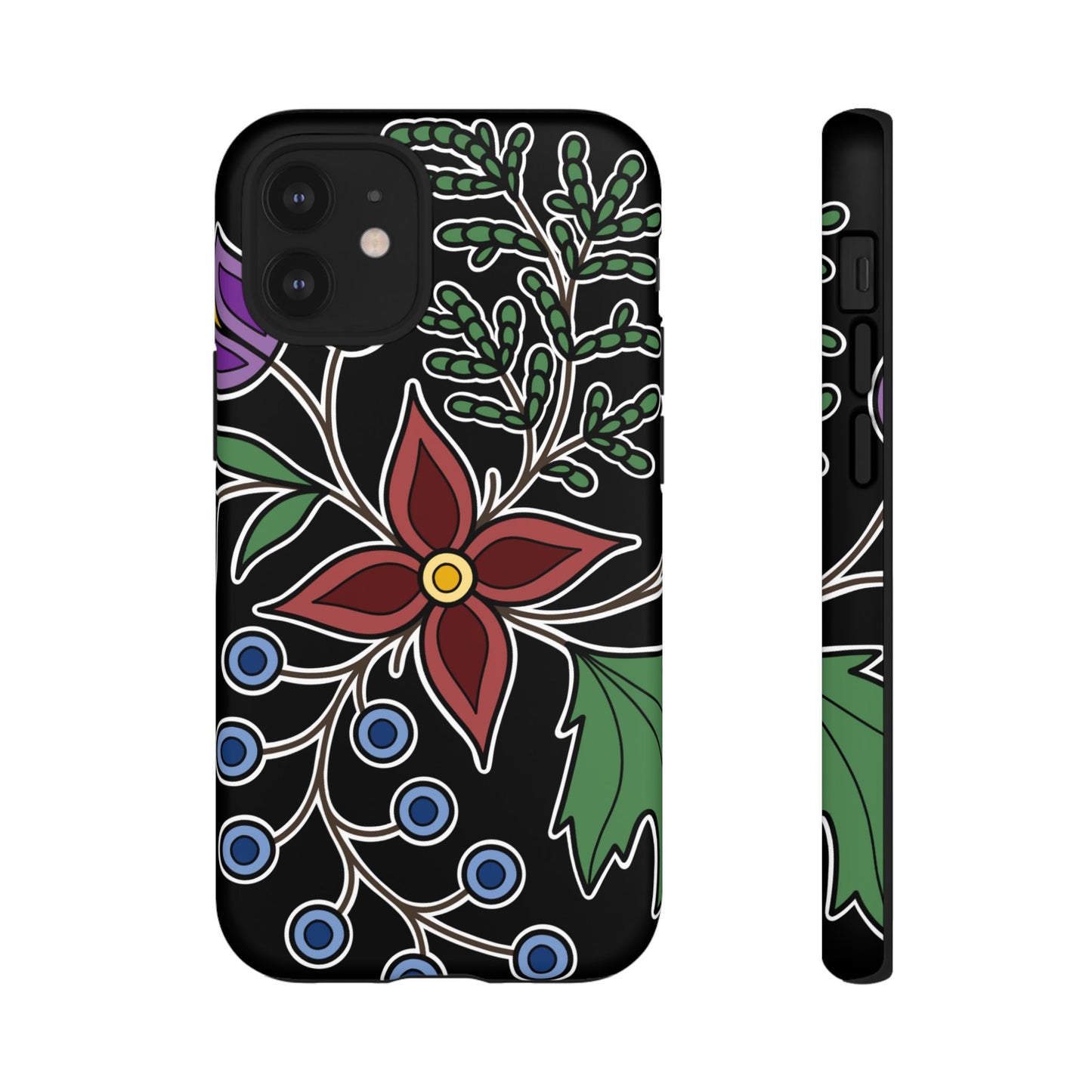 Giizhik (Cedar) & Miinan (Blueberries) Ojibwe Floral Tough Phone Cases - Black