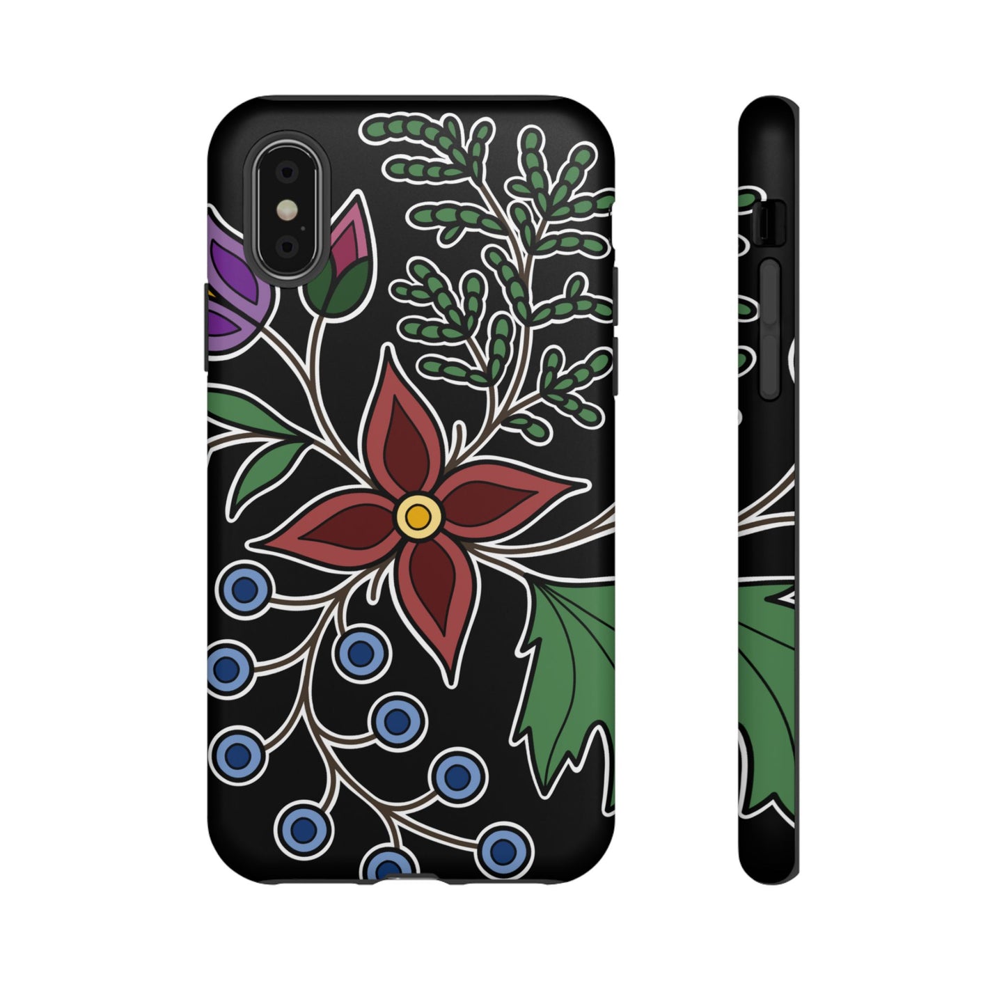 Giizhik (Cedar) & Miinan (Blueberries) Ojibwe Floral Tough Phone Cases - Black