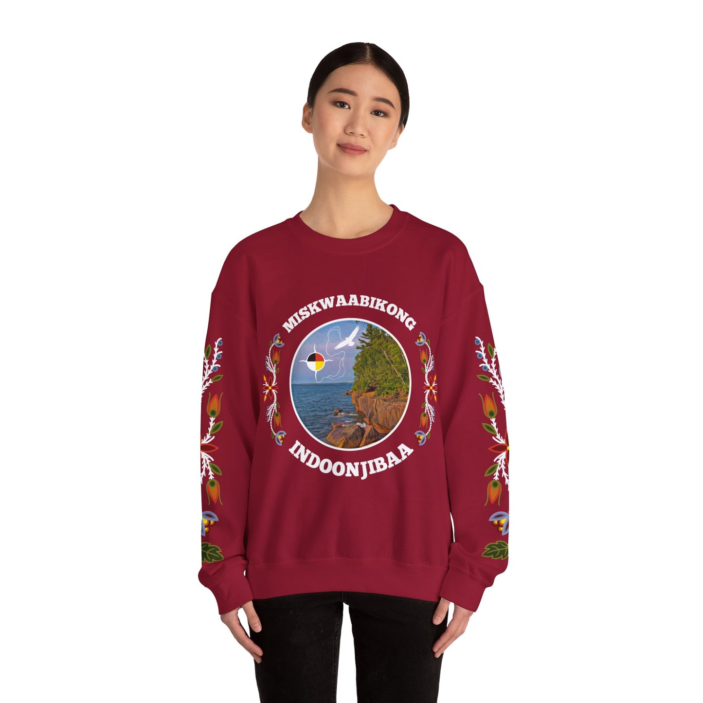 Miskwaabikong Indoonjibaa - Red Cliff Ojibwe Floral Sleeve Design - Unisex Heavy Blend™ Crewneck Sweatshirt