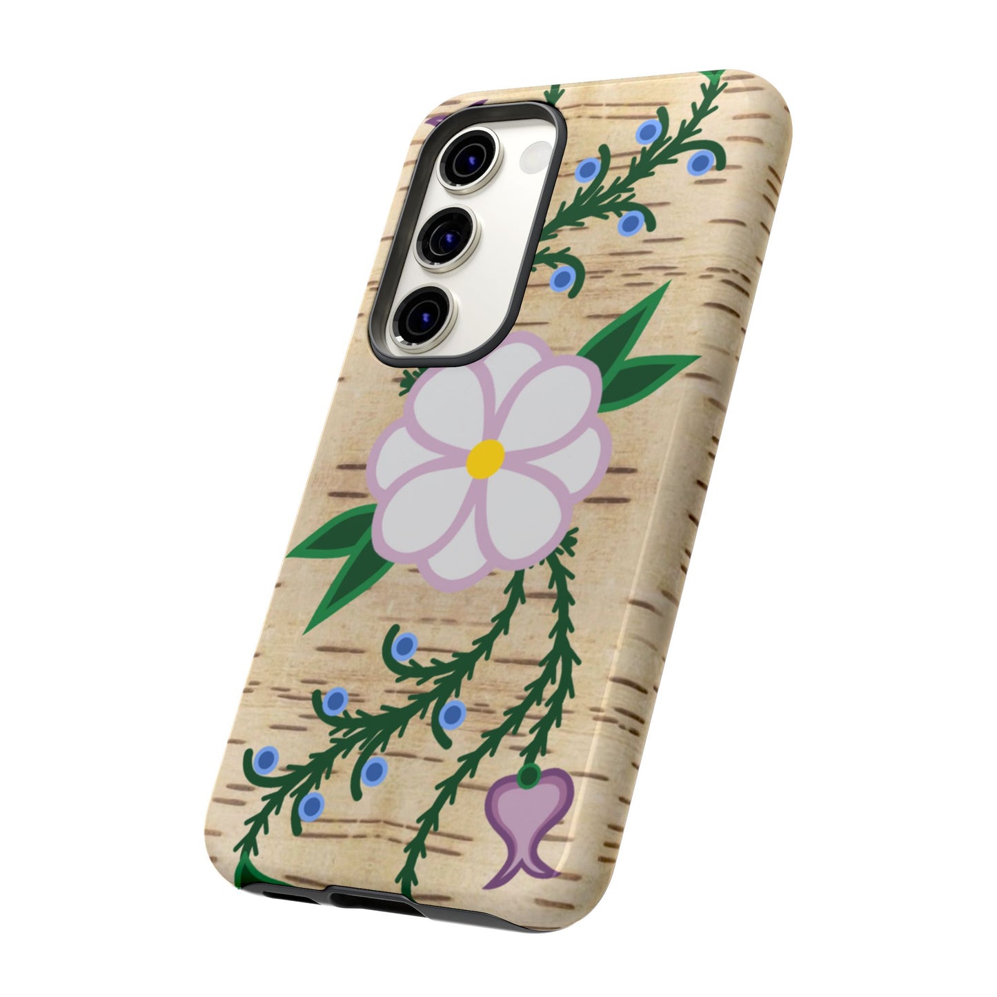 Birchbark Print Ojibwe Floral Tough Phone Cases - Black