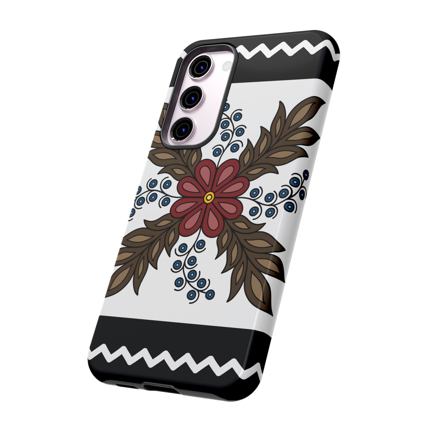 Traditional Style Ojibwe Floral Design With Zig-Zag Geometric Border Design - Tough Phone Cases - Black