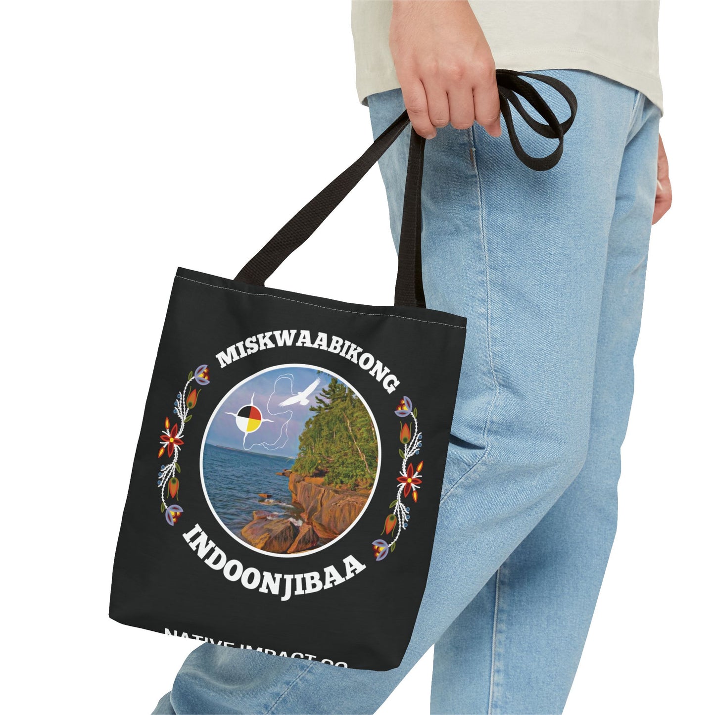 Red Cliff Shoreline & Ojibwe Florals Tote Bag