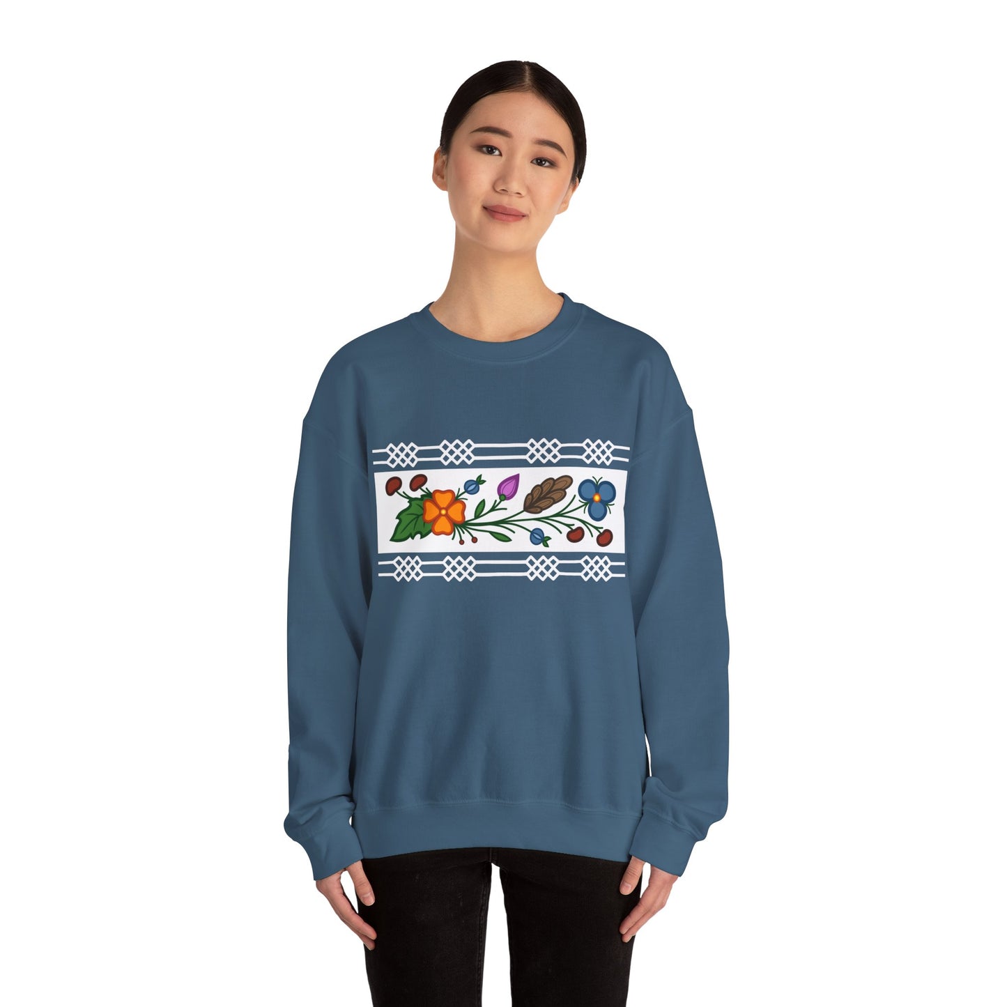 Ojibwe Floral Panel & Otter Track Border Design - Unisex Gildan Heavy Blend™ Crewneck Sweatshirt