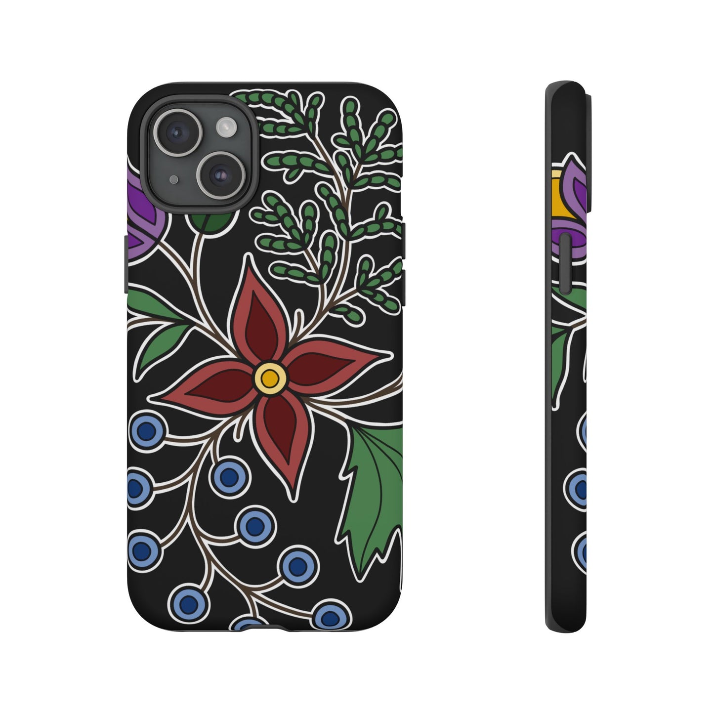 Giizhik (Cedar) & Miinan (Blueberries) Ojibwe Floral Tough Phone Cases - Black