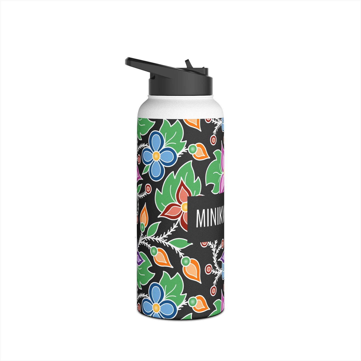 Minikwaajigan/Ojibwemowin For Water Bottle Text - Ojibwe Floral All-Over-Print Design - Stainless Steel Water Bottle, Standard Lid - Colorful