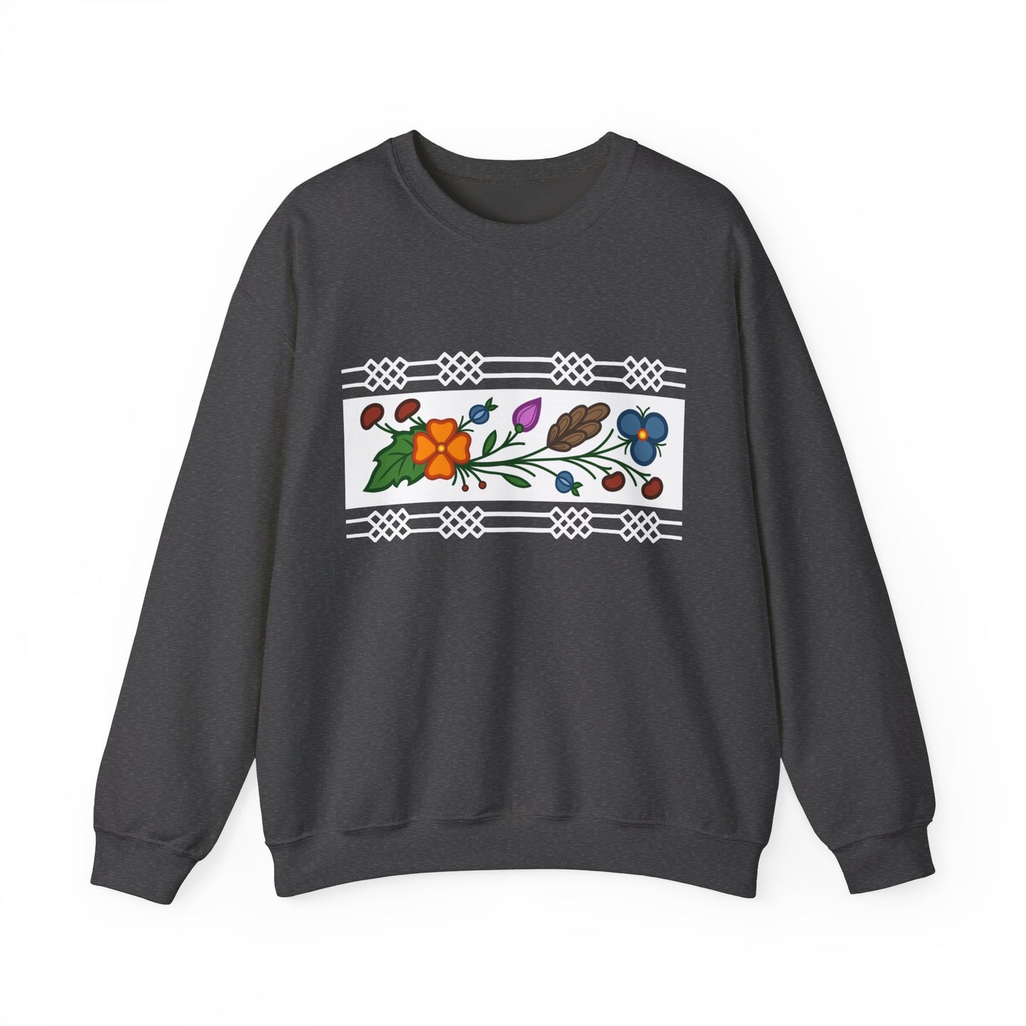 Ojibwe Floral Panel & Otter Track Border Design - Unisex Gildan Heavy Blend™ Crewneck Sweatshirt