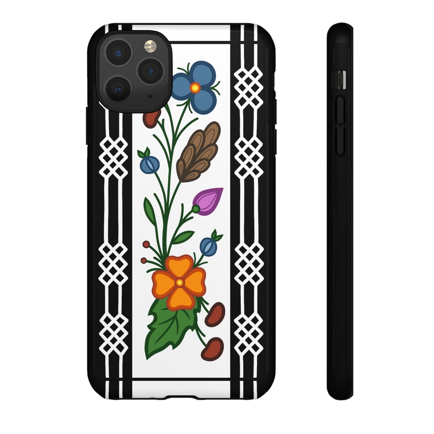 Ojibwe Floral Panel & Otter Track Geometric Border - Tough Phone Cases - Black