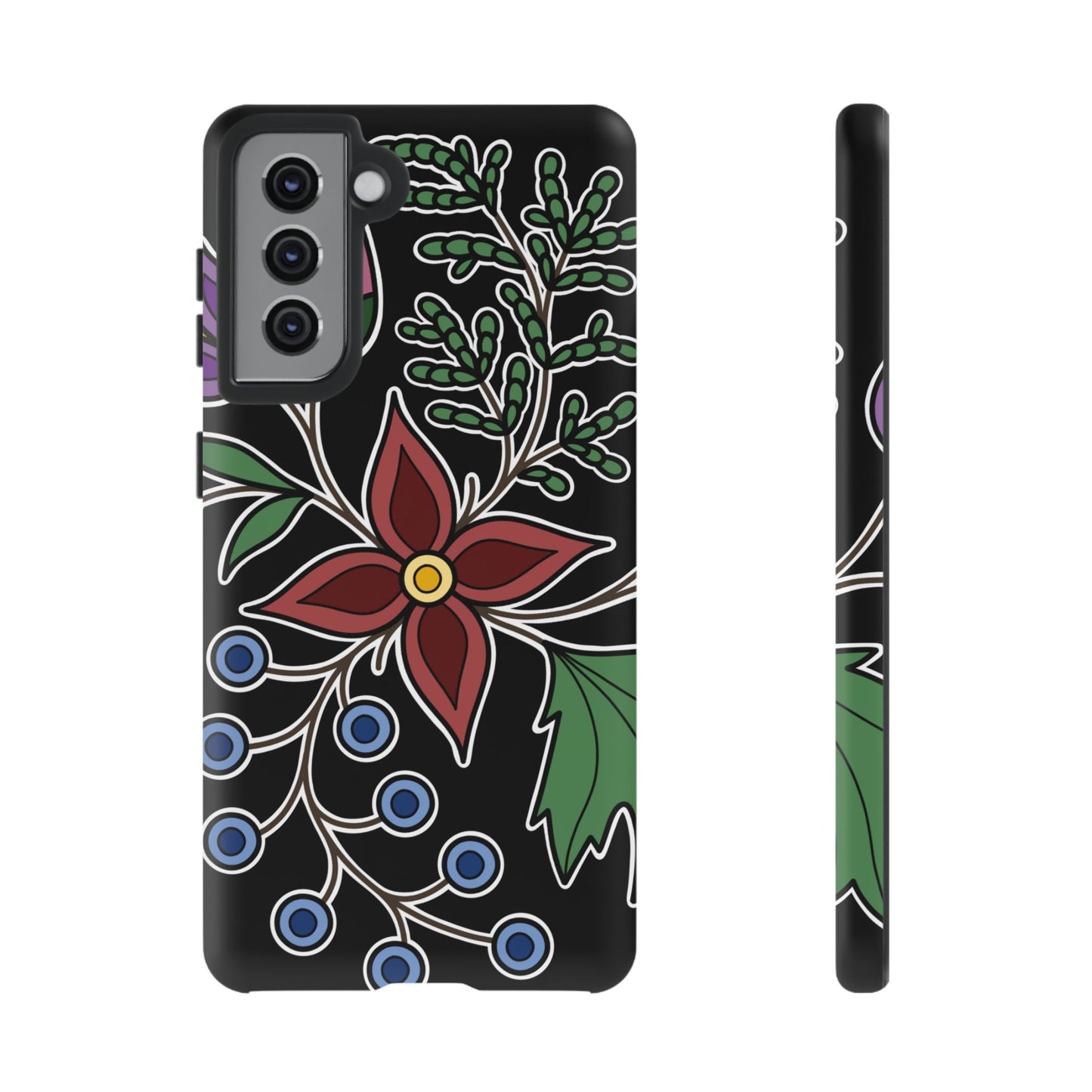 Giizhik (Cedar) & Miinan (Blueberries) Ojibwe Floral Tough Phone Cases - Black