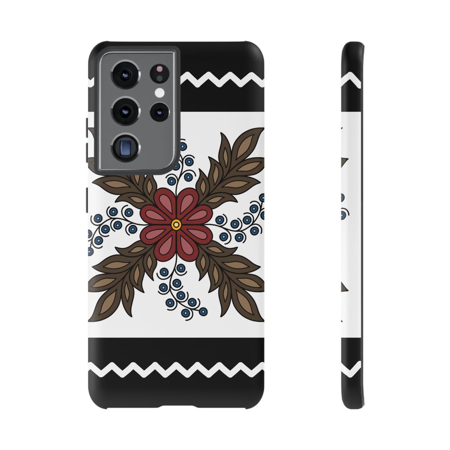 Traditional Style Ojibwe Floral Design With Zig-Zag Geometric Border Design - Tough Phone Cases - Black